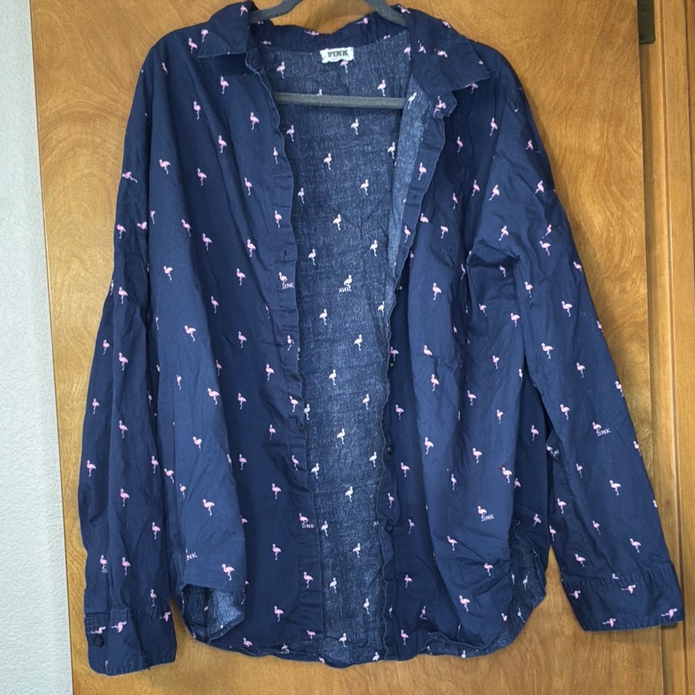 Navy Flamingo Print Button-Up Shirt